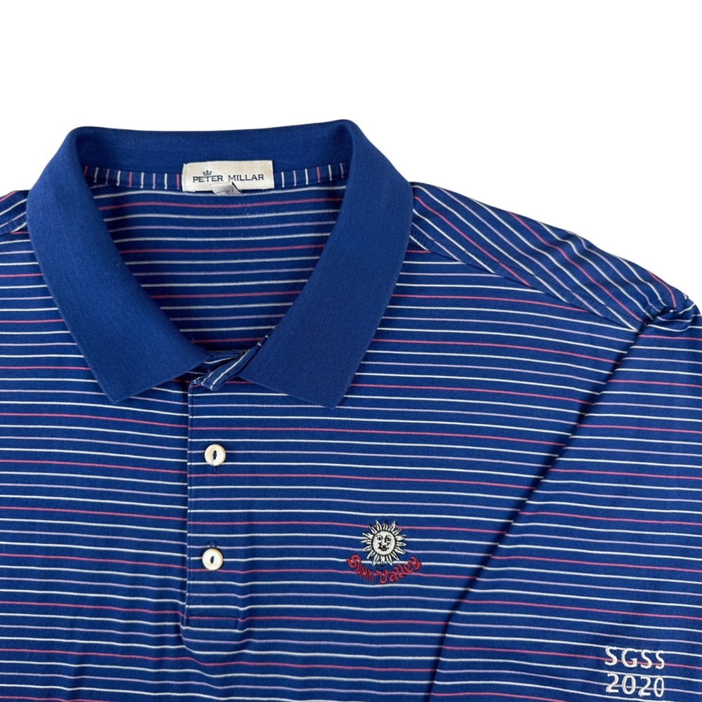 Peter Millar Polo Shirt Mens XL Blue Striped Golf Performance Short Sleeve Logo